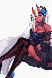 1girls akumi big_breasts female female_only horns oni oni_horns red_horns red_skin scars solo virtual_youtuber vyugen white_hair yellow_eyes