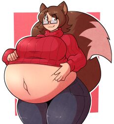 2b_labs belly big_belly brown_eyes brown_hair disproportional exposed_belly fat female female_only fox_ears fox_tail glasses hyper_pregnancy jeans kitsune mom mommy morgan_(morgypietfs) oerba_yun_fang outie_navel pregnancy pregnant pregnant_female solo solo_female sweater tail tummy