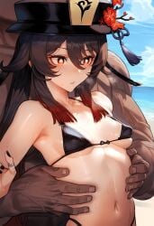 1boy 1girls ai_generated beach big_hands bikini bikini_top blush breasts brown_hair female genshin_impact hands hat hu_tao_(genshin_impact) micro_bikini muscular muscular_male nai_diffusion petite petite_body red_eyes skinny small_breasts stable_diffusion twintails underboob waist waist_grab