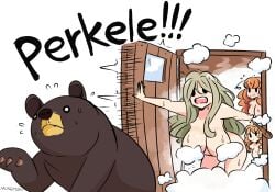 3girls bear big_breasts blonde_hair finnish ida_(murgoten) katja_(murgoten) large_breasts long_hair murgoten orange_hair partially_nude sauna solveig_(murgoten) steam steam_censor text yelling