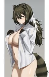 arknights belly center_opening collared_shirt expressionless freckles freckles_on_face hand_on_breast large_breasts looking_at_viewer naked_shirt nude open_shirt robin_(arknights) side_view slightly_chubby thighs