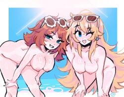 2girls blonde_hair blue_eyes breasts brown_hair eyebrows_visible_through_hair female female_only freckles hanging_breasts human human_only light-skinned_female light_skin long_hair looking_at_viewer mario_(series) megrocks nintendo nipples nude one_eye_closed outside princess_daisy princess_peach smile standing sunglasses_on_head thighs very_long_hair