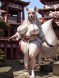 absurd_res ai_generated amaterasu amaterasu_(okami) amber_eyes anthro asian_clothing big_breasts black_eyes blue_sky breasts cherry_blossom clothed clothing curvaceous curvy_figure day digitigrade east_asian_clothing facial_markings female fur fur_markings furry furry_female garden hair handpaw head_markings hi_res huge_breasts japanese_architecture japanese_clothing long_hair looking_at_viewer markings okami okami_(capcom) open_clothing orange_sclera outdoors outside paws plant robe sagging_breasts sky smile smiling_at_viewer solo stable_diffusion standing temple thick_thighs tree voluptuous watermark white_body white_fur white_hair wide_hips