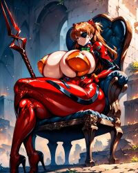 1girls ai_generated asuka_langley_sohryu big_breasts bodysuit breasts cleavage curvy eyepatch female gigantic_breasts high_heels huge_breasts human lance_of_longinus light-skinned_female light_skin neon_genesis_evangelion pilot_suit plugsuit rebuild_of_evangelion red_clothing red_hair sitting sitting_on_chair solo spear voluptuous weapon