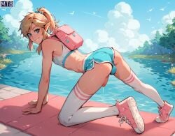 1boy ai_generated balls_in_buruma better_than_girls bulge_through_clothing cum_string dolphin_shorts femboy girly link mt8 penis_out sissy sneakers sports_bra tagme the_legend_of_zelda thighhighs yoga