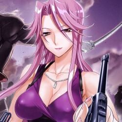 big_breasts brown_eyes cleavage color colored dress female female_focus gun highschool_of_the_dead lipstick long_hair looking_at_viewer manga manga_page milf mother nail_polish necklace nipple_bulge pink_hair pink_lipstick purple_dress satou_shouji sleeveless sleeveless_dress smiling_at_viewer upper_body yuriko_takagi