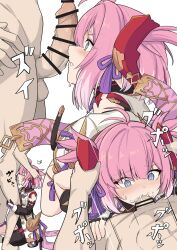 1boy bar_censor blue_eyes breasts censored chichiri commentary_request deepthroat draph fellatio female granblue_fantasy horn_grab horns large_breasts motion_lines oral penis penis_awe pink_hair shiseki_hirame short_hair straight