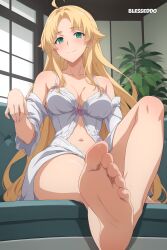 1girls ai_generated blonde_hair boob_window cleavage female foot_fetish green_eyes high_school_dxd lingerie long_hair looking_at_viewer solo