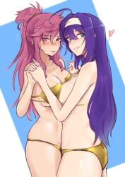2girls alternate_costume ass bare_arms bare_shoulders big_ass bikini blush breast_press breasts cleavage cowboy_shot female female_only fire_emblem fire_emblem:_radiant_dawn fire_emblem:_the_sacred_stones gold_bikini gold_swimsuit green_eyes hairband heart highres holding_hands long_hair looking_at_viewer marisa_(fire_emblem) medium_breasts mia_(fire_emblem) multiple_girls nail_polish nintendo pink_hair pink_nails ponytail purple_hair purple_nails sideboob sidelocks standing strapless strapless_bikini swimsuit symmetrical_docking underboob very_long_hair vialnite white_hairband yellow_bikini yellow_eyes yellow_swimsuit