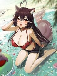 1girl :d ahoge animal_ears antenna_hair bangs bare_shoulders barefoot bikini bikini_top black_shorts blush bracelet breasts brown_hair choker cleavage collar collarbone covered_nipples denim_shorts earrings fang female flower hair_between_eyes hair_ornament jewelry large_breasts long_hair looking_at_viewer mixed_hair_color momotexx_(vtuber) navel open_mouth petals red_bikini red_eyes red_flower short_shorts shorts sitting smile solo swimsuit tail virtual_youtuber vtuber vyugen wariza water wolf_ears wolf_girl