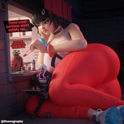1boy 1girls 2girls 3d 3d_(artwork) annoyed annoyed_expression ass big_ass big_breasts big_butt breasts cleavage clothed clothed_female clothed_male doonography evie_(fortnite) female_focus fortnite fortnite:_battle_royale giant_female giant_woman giantess highwire_(fortnite) larger_female laying_on_side mini_giantess sitting smaller_female smaller_male thunder_(fortnite)