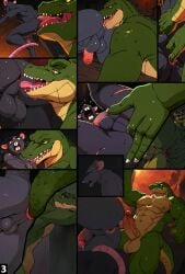 ai_generated anthro balls comic completely_nude crocodile digital_drawing_(artwork) fingering flaccid foreskin furry furry_male furry_only hi_res male male_focus male_only muscular rat rimming sewer shaded slim