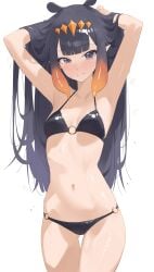 1girls armpits arms ass_visible_through_thighs bikini bikini_bottom bikini_top blush breasts byeon_dha chest cute dark_blue_hair embarrassed female female_only hands_in_hair hands_up highres hips hololive hololive_english lifting_hair light-skinned_female long_hair looking_at_viewer navel ninomae_ina'nis o-ring o-ring_bikini pointy_ears purple_eyes small_breasts smile solo standing swimsuit underwear virtual_youtuber waist wet_skin white_background