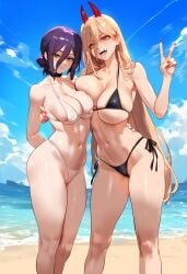 2girls ai_generated beach big_ass big_breasts bikini black_bikini blonde_hair chainsaw_man curvy curvy_figure female_focus female_only flamingpassion green_eyes hair_between_eyes large_hair light-skinned_female necklace power_(chainsaw_man) purple_hair reze_(chainsaw_man) short_hair thiccwithaq_(ai_style) thick_thighs white_bikini