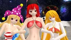 2023 3d 3d_(artwork) 3girls american_flag_swimsuit bikini blonde_hair_female breasts cleavage clownpiece cosmic_background crown deity fairy goddess hati_yukkuri_mmd headwear hecatia_lapislazuli jester_hat junko_(touhou) lampad legacy_of_lunatic_kingdom light-skinned_female long_hair_female looking_at_viewer midriff mikumikudance mmd moon outside pink_eyes red_bikini red_eyes red_hair_female short_hair_female smiling_at_viewer space spirit stars stars_and_stripes swimsuit touhou trio_focus