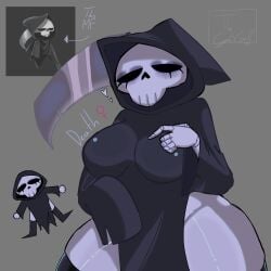 1girls annoyed big_ass big_breasts big_thighs black_clothes blush death_(have_a_nice_death) eyeshadow have_a_nice_death reaper ripped_clothing rule_63 shiny_clothes shiny_thighs skull thecykox29! white_skin