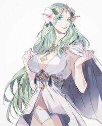 1girls alternate_costume bikini breasts cleavage female female_only fire_emblem fire_emblem:_three_houses fire_emblem_heroes flower green_eyes green_hair grey_background hair_flower hair_ornament large_breasts lips long_hair looking_at_viewer nintendo official_alternate_costume open_mouth pink_flower pink_lips rhea_(fire_emblem) rhea_(summer)_(fire_emblem) simple_background smile solo swimsuit tsukimura_noe white_bikini white_swimsuit