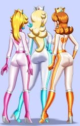 3_bodysuits 3girls ass blonde_hair bodysuit brown_hair clothing female female_only irohazakayouth mario_(series) mario_kart multiple_girls nintendo princess_daisy princess_peach princess_rosalina shiny_clothes sideboob standing tagme