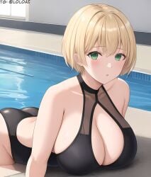 1girls ai_generated ass big_breasts black_swimsuit blonde_hair blush breasts cutout female female_only green_eyes large_breasts light-skinned_female light_skin lololowka looking_at_viewer lying_on_breasts lying_on_floor pool sharon_(the_last_reality) short_hair swimsuit the_last_reality