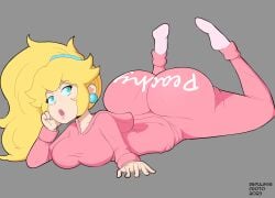 1girls ass blonde_hair blue_earrings blue_eyes bodysuit bubble_butt clothing dat_ass ear_piercing eyelashes fat_ass female female_only human human_only large_ass light-skinned_female light_skin mario_(series) nintendo open_mouth pink_clothing princess princess_peach royalty solo solo_female super_mario_bros.