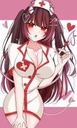 1girls big_breasts brown_hair chibi_(chibipower) chibipower cleavage hairclip hand_on_knee heart_hair_ornament heart_tattoo hearts_around_head looking_at_viewer looking_down_at_viewer nurse nurse_cap open_mouth red_eyes succubus succubus_horns succubus_tail syringe virtual_youtuber vtuber