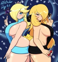 2girls arm_up ass ass_in_face ass_press ass_sandwich ass_to_ass between_buttocks big_ass big_breasts blonde_hair blue_background blue_eyes blush booty breasts butt_to_butt closed_eyes crossover crown curvaceous curvy cynthia_(pokemon) dumptruck_ass earrings game_freak hair_ornament hair_over_one_eye headwear huge_ass huge_breasts inu_strider large_breasts light-skinned_female light_skin long_hair looking_pleasured luma mario_(series) multiple_girls nintendo pokeball pokemon pokemon_dppt princess_rosalina sandwiched sideboob sidelocks silver_eyes skindentation smothering smothering_ass snowflake standing striderdogart super_mario_galaxy surrounded_by_ass sweater take_your_pick ultra_ball voluptuous wand watermark