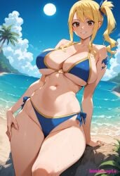 1girls ai_generated beach blonde_hair blue_ribbon bombacopta brown_eyes fairy_tail huge_breasts light_smile lucy_heartfilia multicolored_bikini side_ponytail tattoo thick thick_thighs