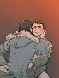 2boys anal blush brown_hair clothed clothed_sex dimming6356 drooling fur_coat fuze_(rainbow_six) gay glaz_(rainbow_six) gradient_background hand_on_back hand_on_breast hand_on_face hand_on_shoulder male_only no_visible_genitalia one_eye_closed open_clothes pants_down rainbow_six_siege scar_on_mouth tears yaoi