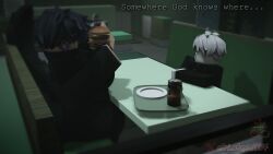 3d black_sweater bowtie brimstone_rr34 business_suit busty_boy cafe clothed comic comic_panel criminality dialogue earrings eating fat fat_ass food frown glasses hair kayden_(brimstone_rr34) purple_hair roblox sitting_at_table sweater text thick_legs turtleneck turtleneck_sweater white