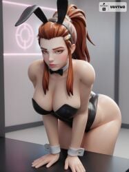 1girls ai_generated alternate_costume black_bowtie black_leotard blizzard_entertainment bowtie brigitte brown_eyes brown_hair bunny_ears bunny_girl bunnysuit cleavage detached_collar detached_cuffs facing_viewer female female_only leaning_forward leotard looking_at_viewer overwatch overwatch_2 playboy_bunny pose solo solo_female standing strapless strapless_leotard tagme vbytwo