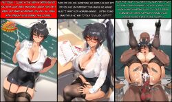 10s :d absurdres ai_generated bikini bikini_tan black_bikini blush breasts cloud dark-skinned_female dark-skinned_male dark_skin day female grey_eyes highres homura_(senran_kagura) long_hair looking_back medium_breasts open_mouth ponytail senran_kagura side-tie_bikini_bottom sky smile solo splashing story strap_gap swimsuit tan tanline teacher text water