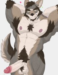 abs absurd_res anthro balls canid canine canis coyote echo_(series) echo_project fangs fur genitals hi_res isaacyote_(artist) male mammal muscular muscular_anthro muscular_male nipples pecs penis scar solo tail teeth the_smoke_room vein veiny_penis william_adler