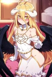 1girls ai_generated albedo_(overlord) alternate_breast_size blonde_hair blush embarrassed flat_chest gloves horns overlord_(maruyama) tsunoko_(artist) wings