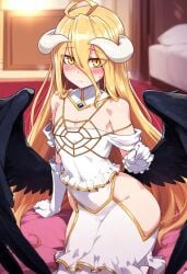 1girls aged_down ai_generated albedo_(overlord) alternate_breast_size alternate_hair_color blonde blonde_female blonde_hair blonde_hair_female blush breasts dress embarrassed flat_chest gloves horns overlord_(maruyama) small_breasts solo succubus tsunoko_(artist) wings