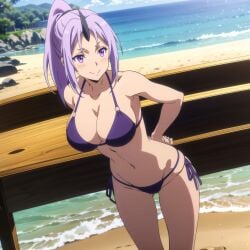 ai_generated beach bikini devil_horns huge_breasts large_breasts light-skinned_female ponytail purple_eyes purple_hair shion_(tensei_shitara_slime_datta_ken) smile spairk1313 tensei_shitara_slime_datta_ken