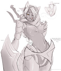 anthro armor azza breast_fondling breasts feline female fondling fur furry licking licking_lips shield sketch solo tongue topless tsampikos