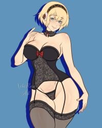 1girls aegis_(persona) aigis_(persona) alternate_breast_size big_breasts blonde_hair blue_eyes breasts garter_straps hourglass_figure huge_breasts humanized large_breasts lingerie megami_tensei persona persona_3 short_hair solo_female thick_thighs wide_hips xelaroseart