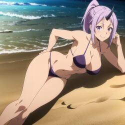 ai_generated beach bikini devil_horns huge_breasts large_breasts looking_at_viewer ponytail posing purple_eyes purple_hair shion_(tensei_shitara_slime_datta_ken) smile smiling_at_viewer spairk1313 tensei_shitara_slime_datta_ken