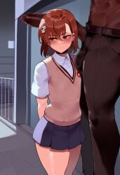 ai_generated big_penis brown_eyes brown_hair dark-skinned_male hair_flower hair_ornament huge_cock huge_cock inminent_sex interracial looking_down misaka_mikoto school_uniform to_aru_kagaku_no_railgun to_aru_majutsu_no_index tokiwadai_school_uniform