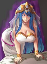 1girls artist_name ass ass_in_dress aura bare_arms bare_shoulders bent_over big_ass blue_eyes blue_hair breasts cleavage closed_mouth clothed corruption dark_aura dress evil_smile eyelashes female female_only fire_emblem fire_emblem_engage fire_emblem_heroes grey_background highres large_breasts light-skinned_female light_skin long_hair looking_at_viewer lumera_(fire_emblem) mature mature_female nintendo rinku_bny see-through shoulders smile solo tiara veil white_dress