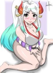 bare_legs barefoot big_breasts dilane93 female female_only horns horns_girl looking_up no_pants one_piece sitting sitting_down thick thick_legs thick_thighs white_hair yamato_(one_piece)