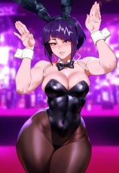 1girls ai_generated black_eyes black_hair black_pantyhose boku_no_hero_academia cleavage creamy_ai curvy fake_animal_ears female female_only kyoka_jiro leotard medium_breasts my_hero_academia pantyhose playboy_bunny rabbit_pose solo thiccwithaq_(ai_style) thick_thighs wide_hips