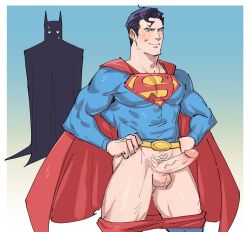 245and8pm balls bara batman batman_(bruce_wayne) batman_(series) big_balls big_penis blush bruce_wayne clark_kent clothing dc dc_comics erection gay male male/male male_only masked muscular_male penis superhero superman superman_(series) tight_clothing