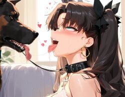 1girls ahe_gao ai_generated anime_style black_fur black_hair canine dog_girl drool_on_face drool_string drooling drooling_tongue fate_(series) female jarosh jewelry kissing long_hair open_mouth ribbon saliva saliva_drip saliva_on_tongue saliva_string saliva_trail tagme tohsaka_rin tohsaka_rin_(cosplay) tongue tongue_kiss tongue_out trembling veil veil_only zoophilia