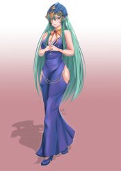 1girls alcohol bare_thighs breasts cleavage dress drink female female_only fire_emblem fire_emblem:_path_of_radiance fire_emblem:_radiant_dawn full_body glass green_eyes green_hair hair_between_eyes helmet high_heels holding large_breasts long_hair looking_at_viewer modakawa_dress nephenee_(fire_emblem) nintendo rinku_bny smile solo thighs very_long_hair