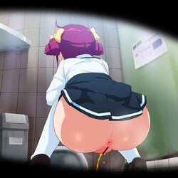 anus ass bow censored clothing ddal female from_behind hoshizora_miyuki peeing precure pretty_cure purple_hair restroom restroom_stall skirt skirt_lift smile_precure squat_toilet toilet trashcan