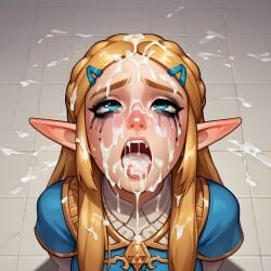 after_bukkake ai_generated blonde_hair breath_of_the_wild bukkake crying cum cum_in_mouth cum_on_body cum_on_face kneeling makeup mascara smeared_makeup zelda_(breath_of_the_wild)