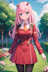 1girls ai_generated black_pantyhose blush breasts clothed cute darling_in_the_franxx detailed eyebrows_visible_through_hair female female_only front_view garden hair_between_eyes hairband highres horns large_breasts light-skinned_female light_skin long_hair looking_at_viewer lunjuni necktie outdoors pink_hair smile solo stable_diffusion standing tagme thick_thighs uniform watermark zero_two_(darling_in_the_franxx)