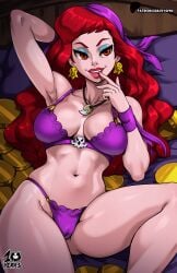 1girls bandana captain_syrup coins earrings eye_makeup gold kyoffie laying_on_bed lingerie lingerie_only makeup mario_(series) necklace nintendo pirate purple_lingerie red_eyes red_hair red_lipstick seductive wario_(series) wario_land