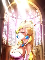 1girls bare_shoulders big_breasts blonde_hair busty cathedral church cleavage closed_eyes crown crying earrings light-skinned_female light_beam light_skin mario_(series) nintendo pink_lipstick princess_peach sasatseng tears upper_body